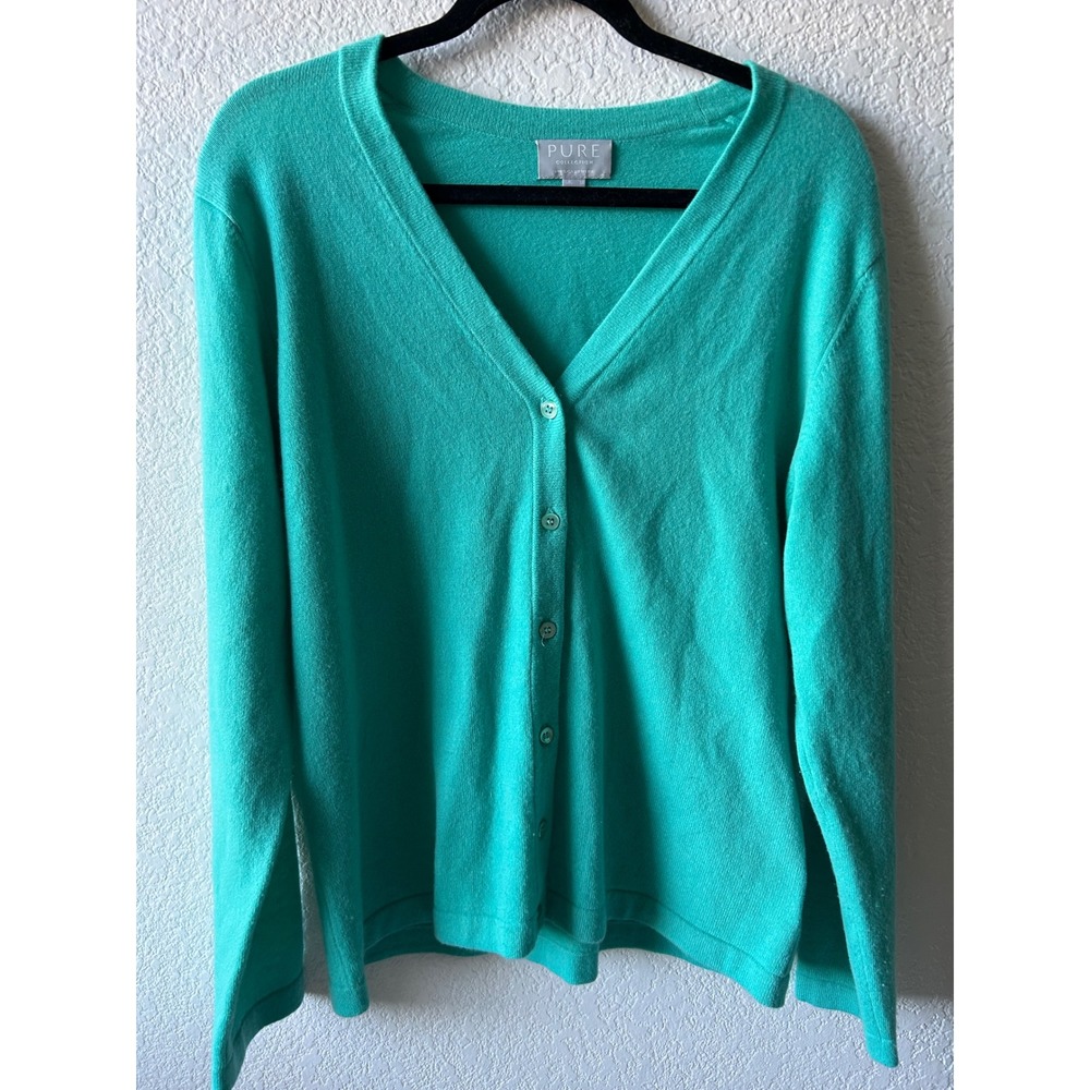 Pure Collection 100% Cashmere‎ Teal Cardigan Sz 14-16 Quiet Luxury Preppy